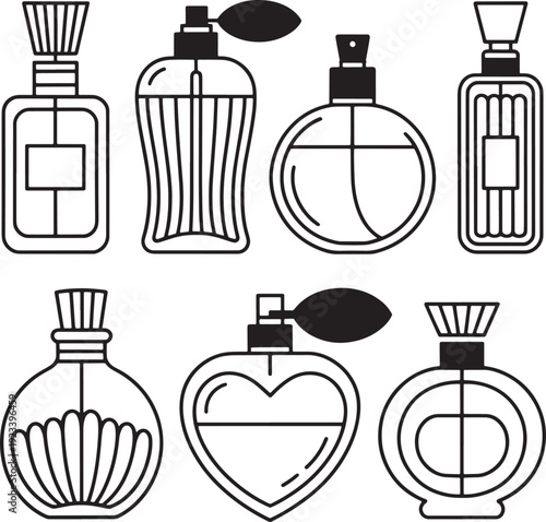 Set of elegant perfume bottle line art icons showing luxury fragrance containers on background