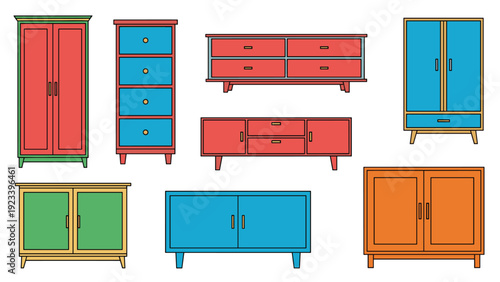 Collection of colorful and stylish furniture pieces like dressers, cabinets, and storage units in various modern designs.