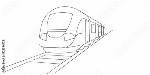 A simple line drawing of a modern passenger train on tracks