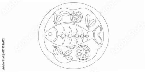 A simple line drawing of a fish and citrus fruit on a plate