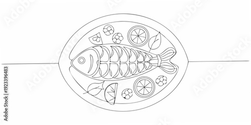 A detailed line drawing of a fish on a plate with citrus slices