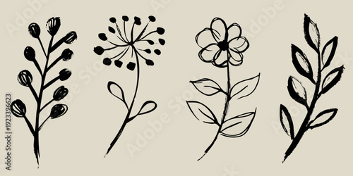 Simple botanical illustration of various black floral and leaf designs