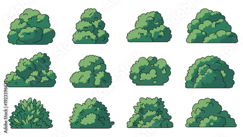 Collection of different green bush and shrub illustrations in various shapes and densities for landscaping and garden design.