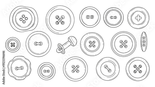 Set of detailed line art illustrations of different clothing buttons in various sizes, shapes, and hole configurations.
