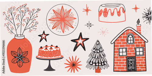 Festive illustration featuring christmas elements like cakes houses stars and floral arrangements