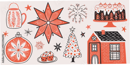Festive christmas illustrations featuring stars cakes houses and holiday decor