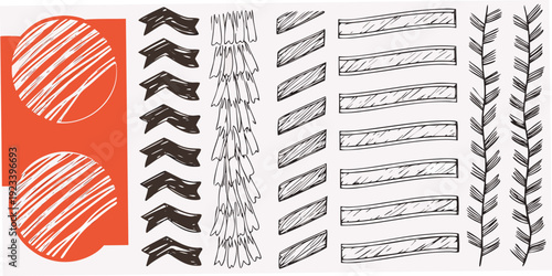 Abstract sketch featuring circles lines and various linear patterns in orange and black