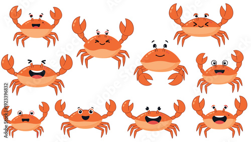 Collection of cute cartoon crabs with diverse facial expressions including happy, winking, and laughing icons.