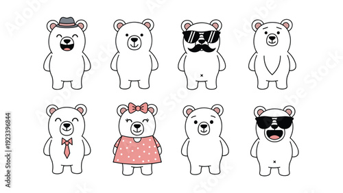 Set of adorable polar bear characters in various poses wearing accessories like sunglasses, hats, and dresses.