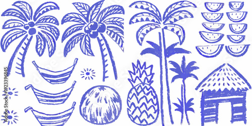 Tropical illustrations featuring palm trees fruits hammock and a beach hut