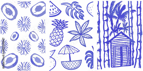Tropical fruits plants and beach elements in a blue sketch style