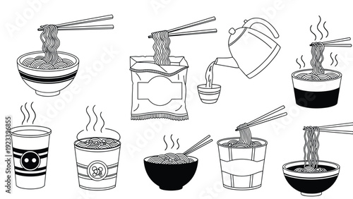 Collection of line art sketches showing various instant noodles in bowls and cups with hot water being poured from a kettle.