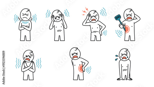 Illustration of a male character experiencing various types of physical pain including headache, backache, and chills.
