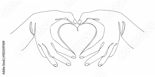 Two hands delicately forming a heart shape in a simple line drawing