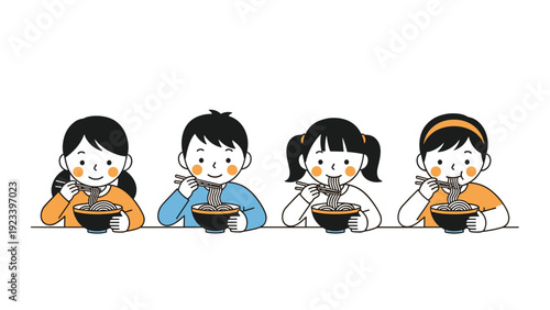 Group of diverse children happily eating noodles and ramen from bowls using chopsticks at a long table.