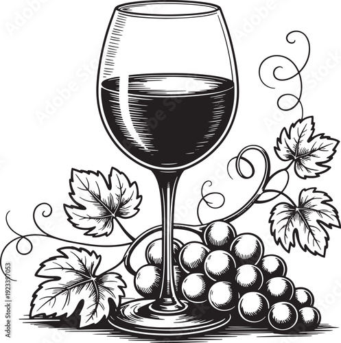 Wine glass and grape cluster engraving showing drink with vine leaves in artistic vector style