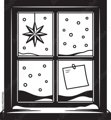 Winter window view with falling snow star decoration and sticky note on pane during cold season