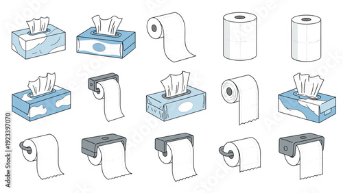 Collection of bathroom and facial tissue products including boxed tissues and various toilet paper roll orientations.