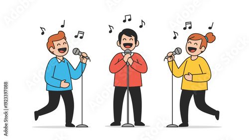 Three cheerful friends having fun singing karaoke together with microphones and musical notes floating around.
