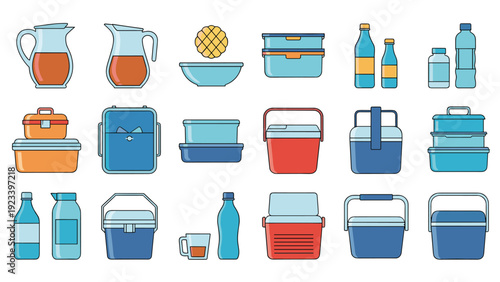 Assortment of kitchen storage and portable containers including bottles, pitchers, lunch boxes, and coolers.