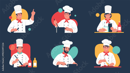 Professional chefs in white uniforms engaged in culinary activities like cooking, seasoning, and food preparation.