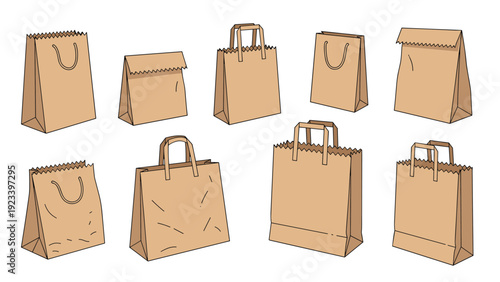 Assorted brown paper grocery bags and shopping sacks shown from various angles with different handle styles.