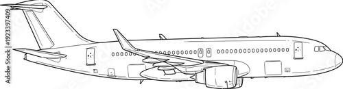 Passenger airplane line art illustration, commercial jet aircraft outline vector, aviation transport profile, modern airline travel design, flying plane silhouette,