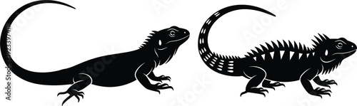 Iguana lizard silhouette set in smooth and spiky styles isolated black vector illustration