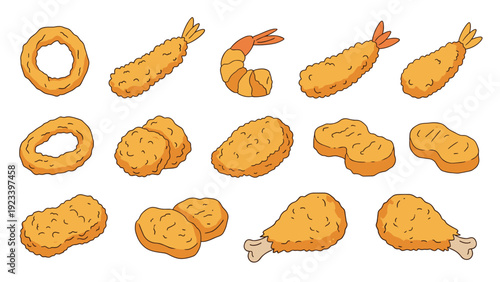 Collection of crispy deep-fried foods including onion rings, chicken nuggets, and battered shrimp tempura.