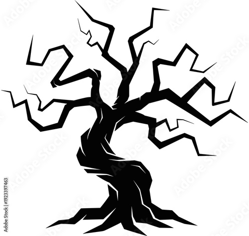 Spooky dead tree silhouette, gnarled bare branches vector, scary halloween nature shape, twisted mystical plant profile, gothic forest wood illustration,