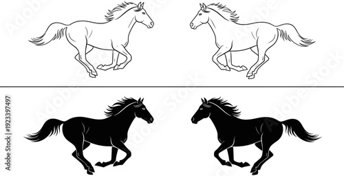 Running horse silhouette and outline set, stallion vector collection, galloping equine shapes, mustang profile, animal movement, wild horse illustration,