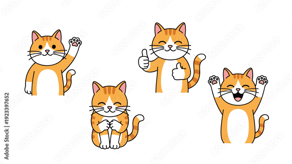 Obraz premium Adorable ginger cat character shown in various expressive poses including waving giving a thumbs up and cheering with joy.