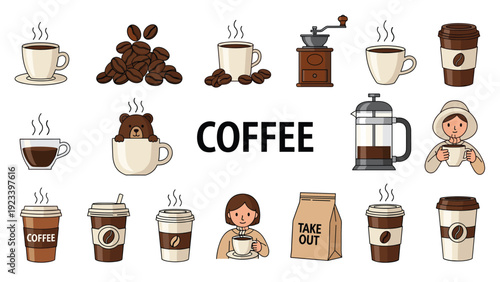 Diverse collection of coffee related elements featuring roasted beans various cup styles brewing equipment and people enjoying drinks.