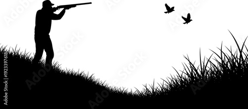 Bird hunter silhouette set, man aiming shotgun at flying ducks, waterfowl hunting scene vector, outdoor sport illustration, marsh grass landscape, hunter profile.