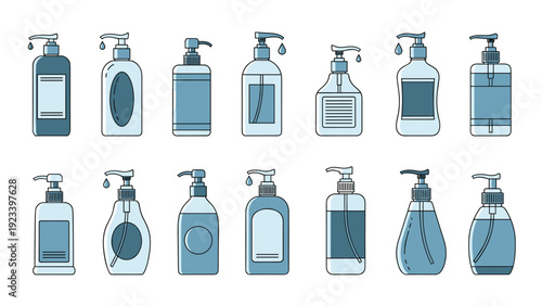 Wide variety of plastic pump bottles for soap lotion or sanitizer shown in different shapes and shades of blue and white.