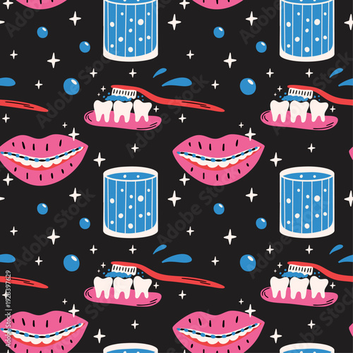 Dental care themed vector seamless pattern with cute funky cartoon illustration of oral hygiene, healthcare, cleaning tools, toothpaste, toothbrush, braces, mouthwash, healthy clean teeth