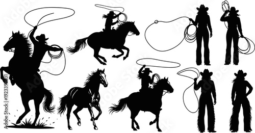 Cowgirl silhouettes set, woman riding horse with lasso, female western rider vector, equestrian ranch woman, wild west girl, rodeo cowgirl silhouette, horse riding action.