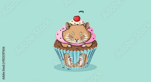 Cute cat sleeping on chocolate cupcake with pink frosting and white topping