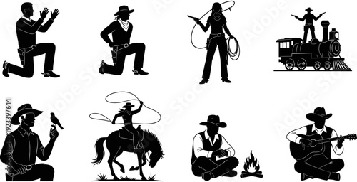 Cowboy life silhouettes, western character vector set, rodeo rider lassoing, campfire guitarist musician, steam train outlaw, frontier man silhouette, equestrian rancher icons.