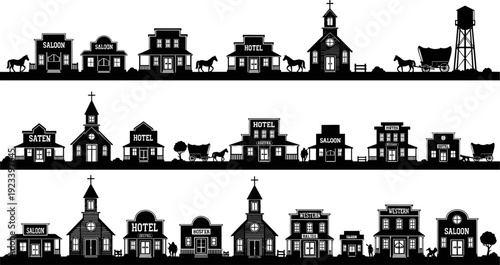 Wild west town silhouettes, western building vector set, saloon hotel church architecture, frontier village landscape, old texas street, pioneer cityscape.