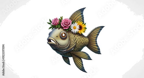 Colorful koi fish with floral crown swims in water surrounded by vibrant flowers and leaves on white background