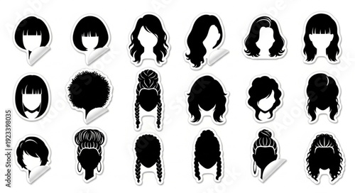 Collection of diverse female hairstyles silhouettes isolated on white background.