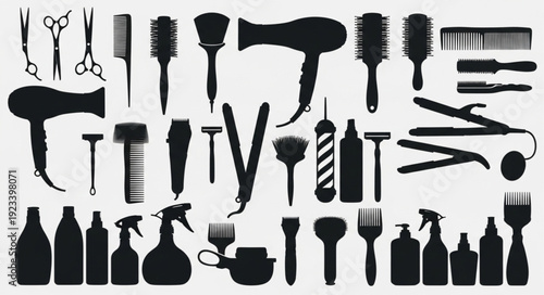 Collection of Hairdressing Tools and Equipment Silhouettes.