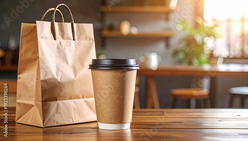 Disposable coffee cup and craft paper bag on a rustic wooden table in a cafe, ready for takeaway