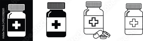 Medicine bottle and pills icons set in solid and outline medical vector collection