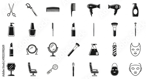 Collection of beauty and hair salon tools and accessories.