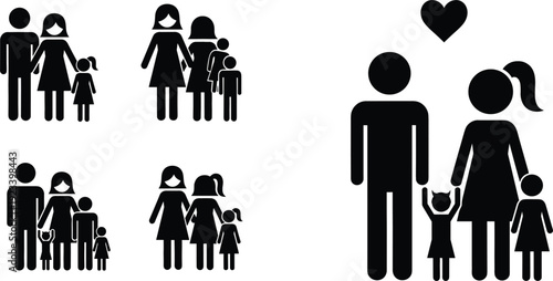 Family silhouettes icons set with parents children love and diversity flat vector collection