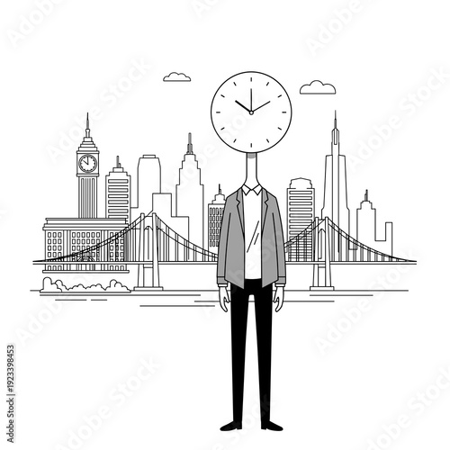 Outline Clock Head Businessman with Bridge Skyline
