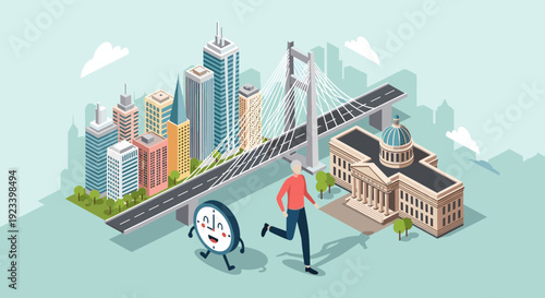 Running Clock Character in Modern Business City