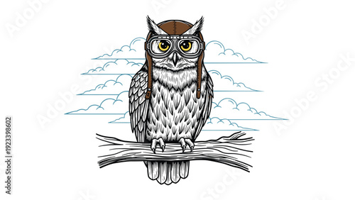 Wise owl wearing a pilot hat and goggles perched on a weathered tree branch with a background of blue clouds and sky.